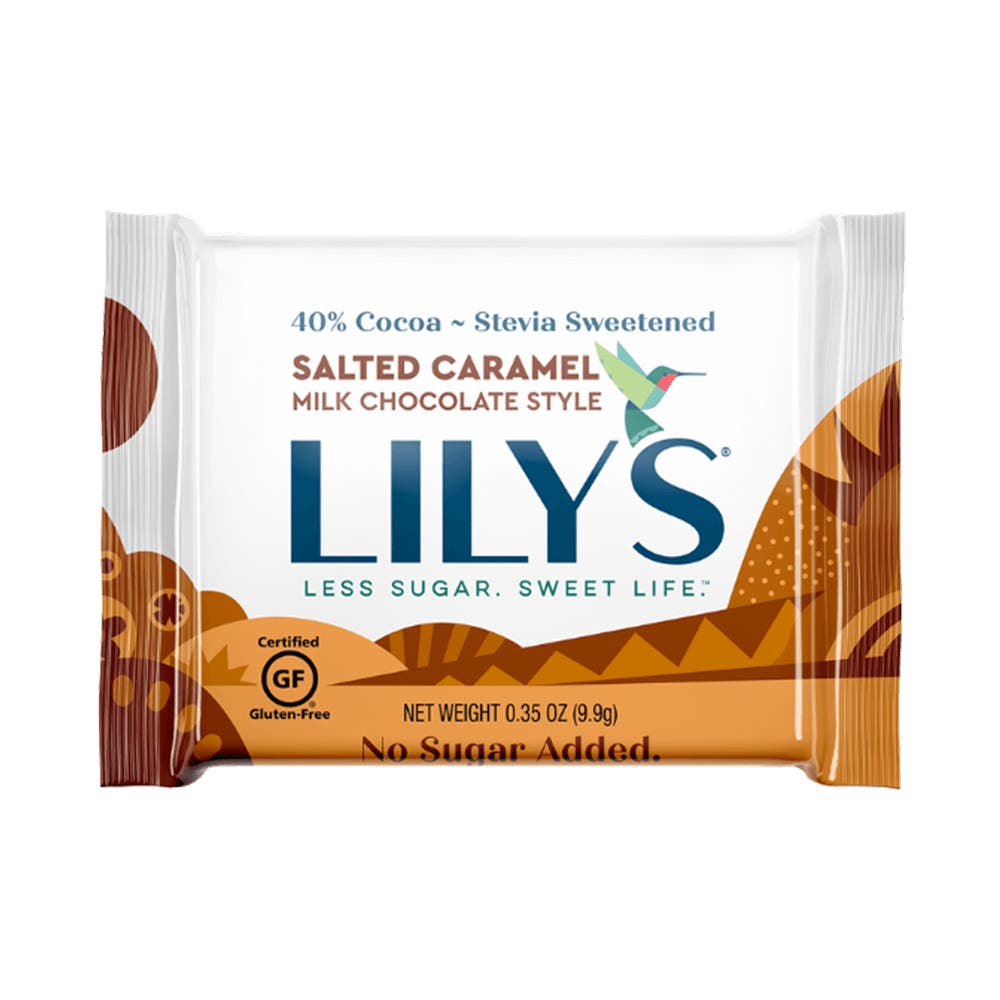 LILY'S Salted Caramel Milk Chocolate Style Tasting Squares, 0.35 oz - Front of Package