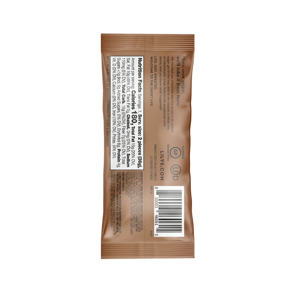 LILY'S Dark Chocolate Style Peanut Butter Cups, 1.25 oz, 2 pack - Back of Package