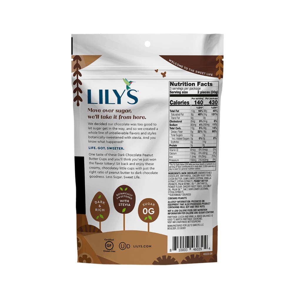 LILY'S Dark Chocolate Style Peanut Butter Cups, 3.2 oz bag - Back of Package