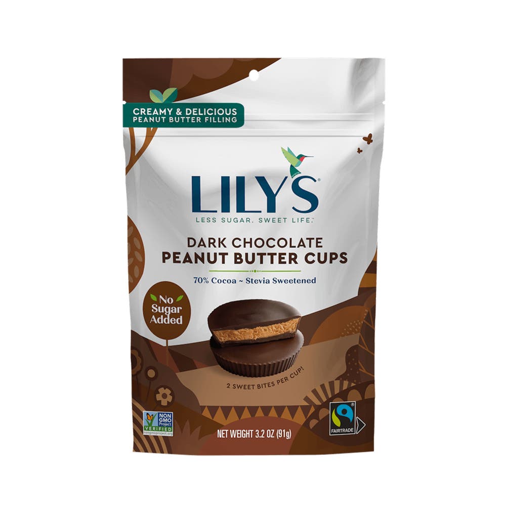 LILY'S Dark Chocolate Style Peanut Butter Cups, 3.2 oz bag - Front of Package