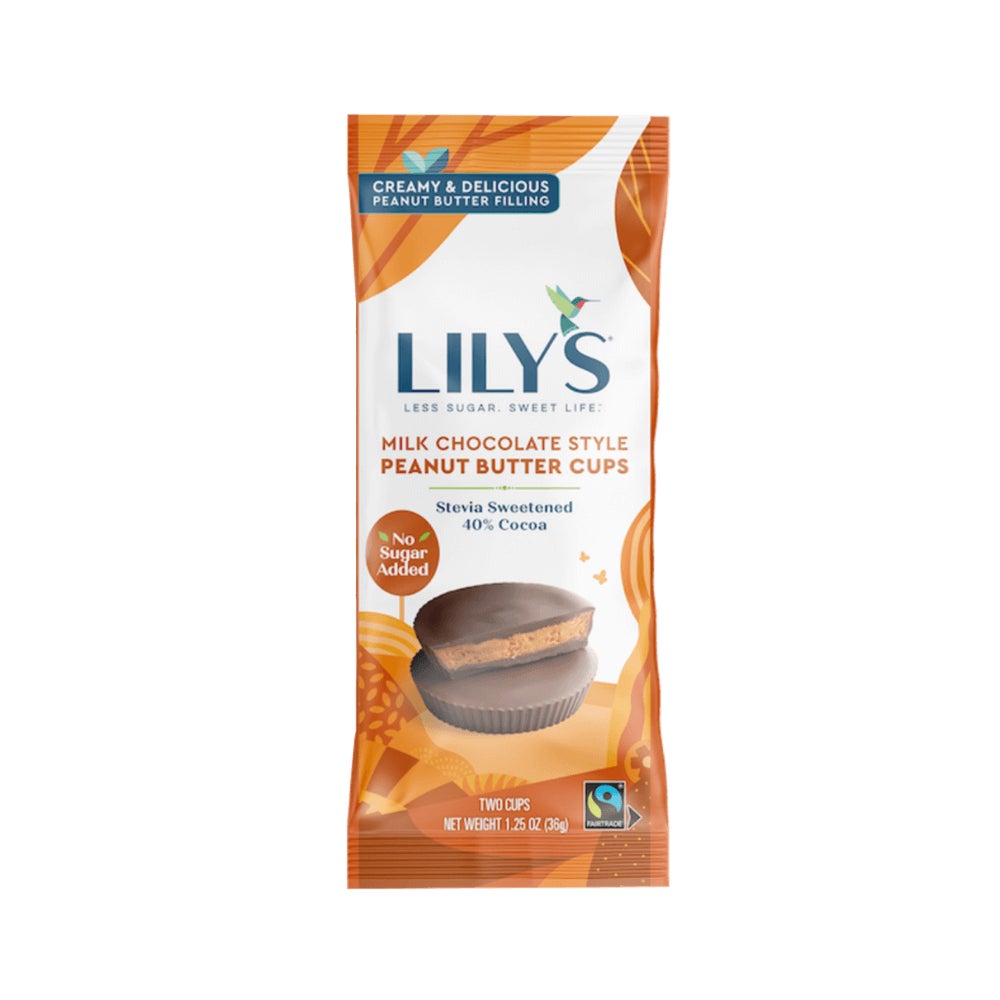 LILY'S Milk Chocolate Style Peanut Butter Cups, 1.25 oz, 2 pack - Front of Package