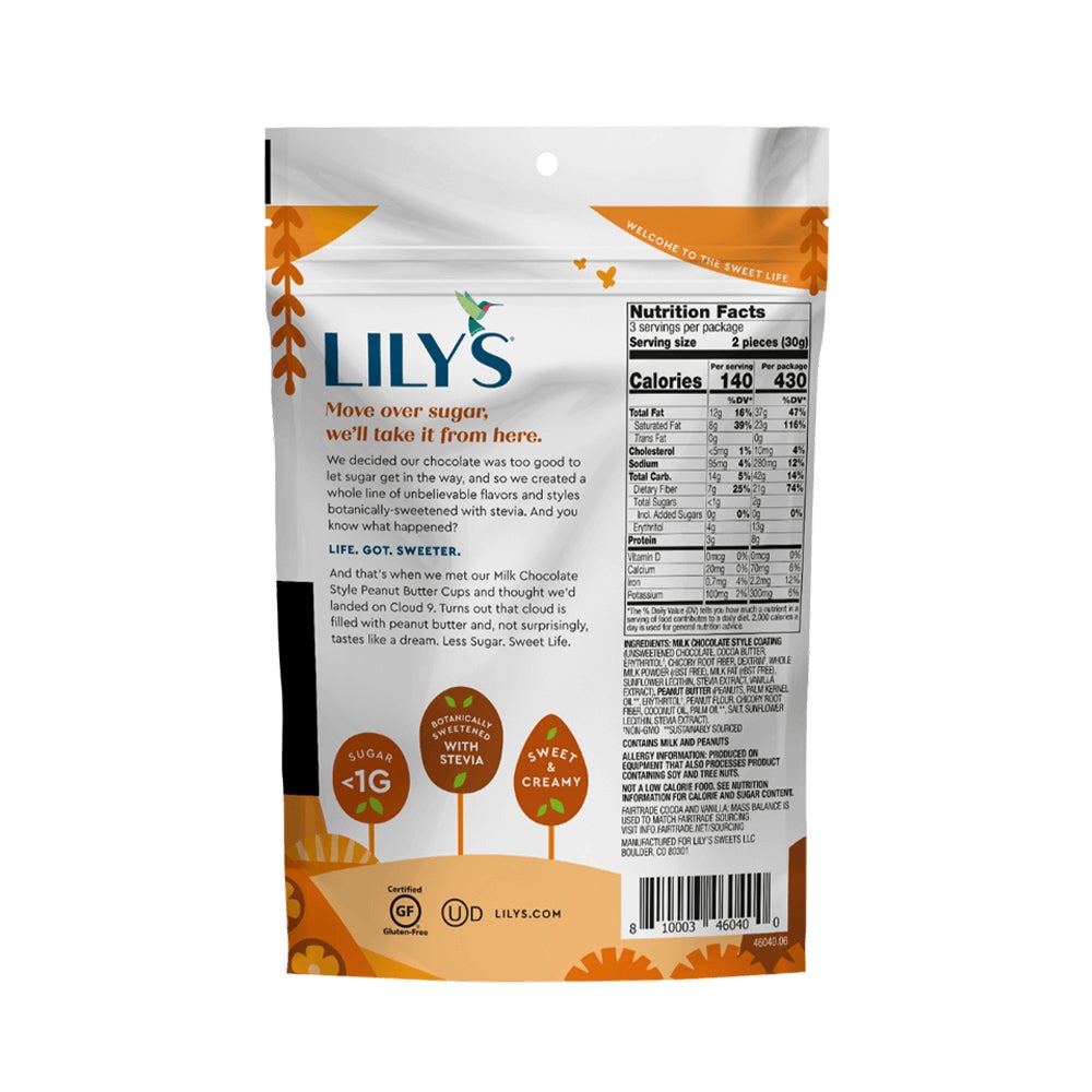 LILY'S Milk Chocolate Style Peanut Butter Cups, 3.2 oz bag - Back of Package