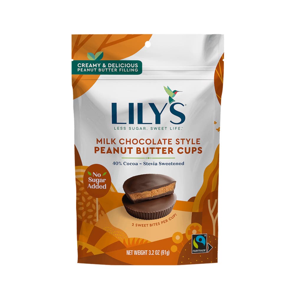 LILY'S Milk Chocolate Style Peanut Butter Cups, 3.2 oz bag - Front of Package