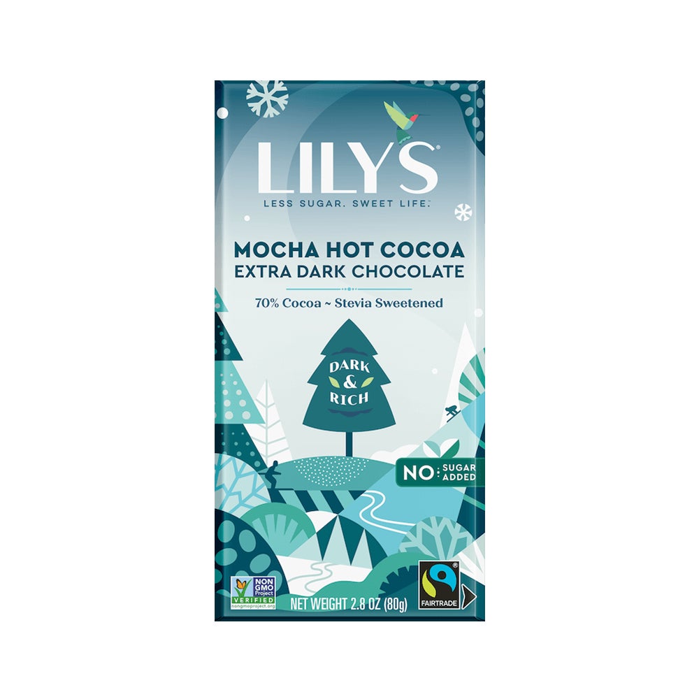 LILY'S Mocha Hot Cocoa Extra Dark Chocolate Style Bar, 2.8 oz - Front of Package