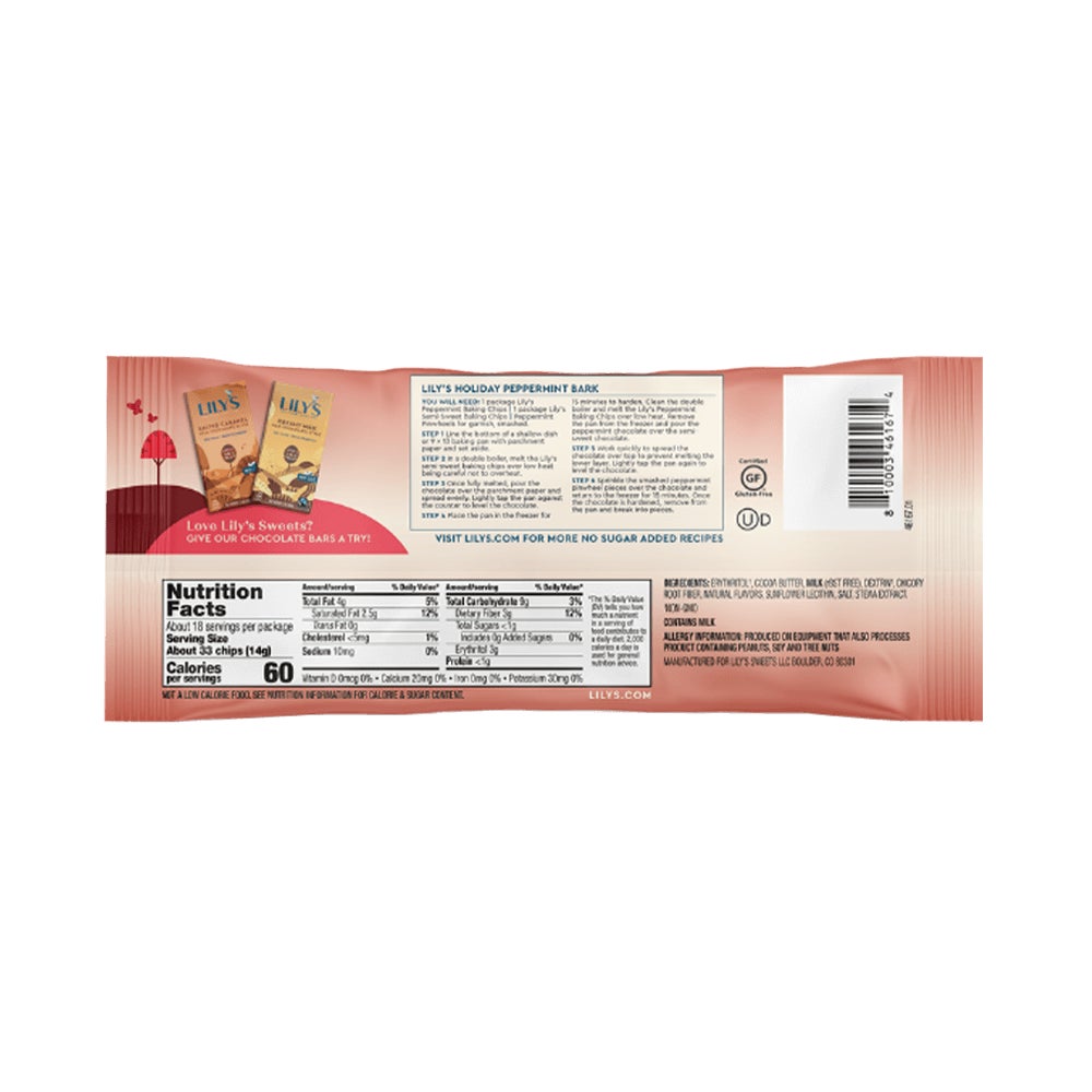 LILY'S Peppermint Flavor White Chocolate Style Baking Chips, 9 oz bag - Back of Package