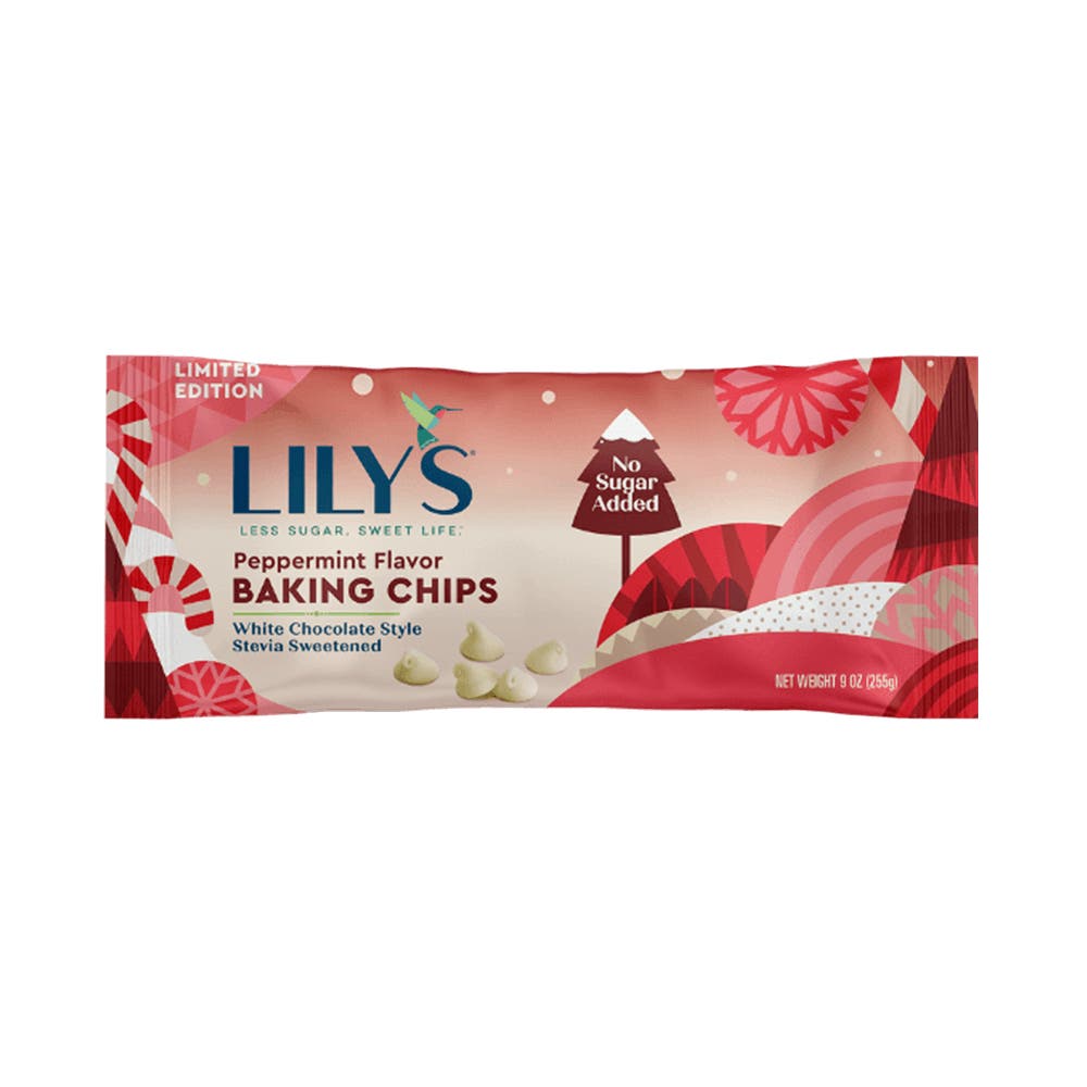 LILY'S Peppermint Flavor White Chocolate Style Baking Chips, 9 oz bag - Front of Package