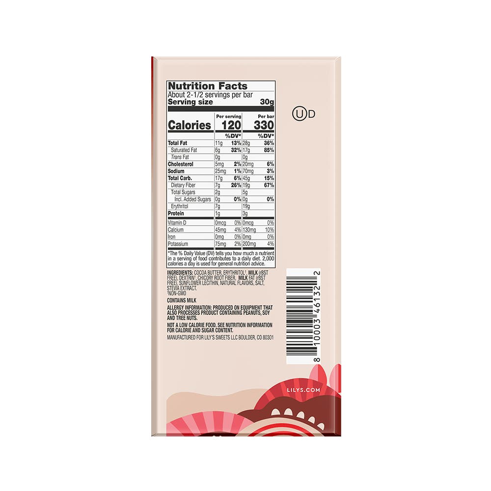 LILY'S Peppermint Flavor White Chocolate Style Bar, 2.8 oz - Back of Package