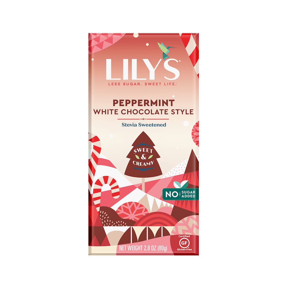 LILY'S Peppermint Flavor White Chocolate Style Bar, 2.8 oz - Front of Package