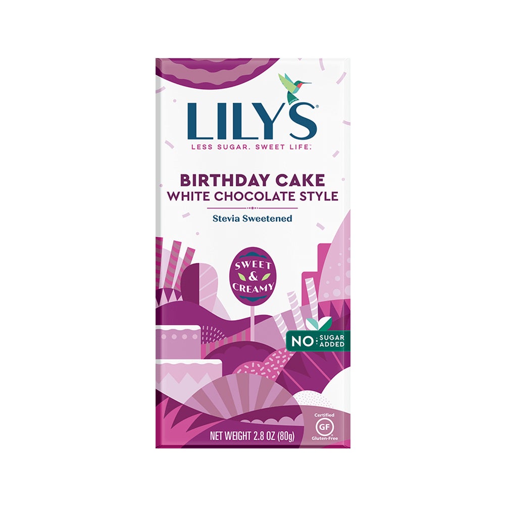 LILY'S Birthday Cake White Chocolate Style Bar, 2.8 oz - Front of Package