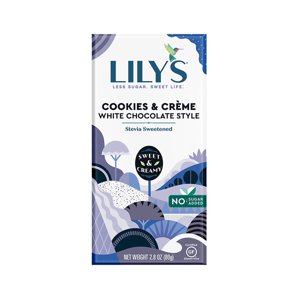 LILY'S Cookies & Crème White Chocolate Style Bar, 2.8 oz - Front of Package