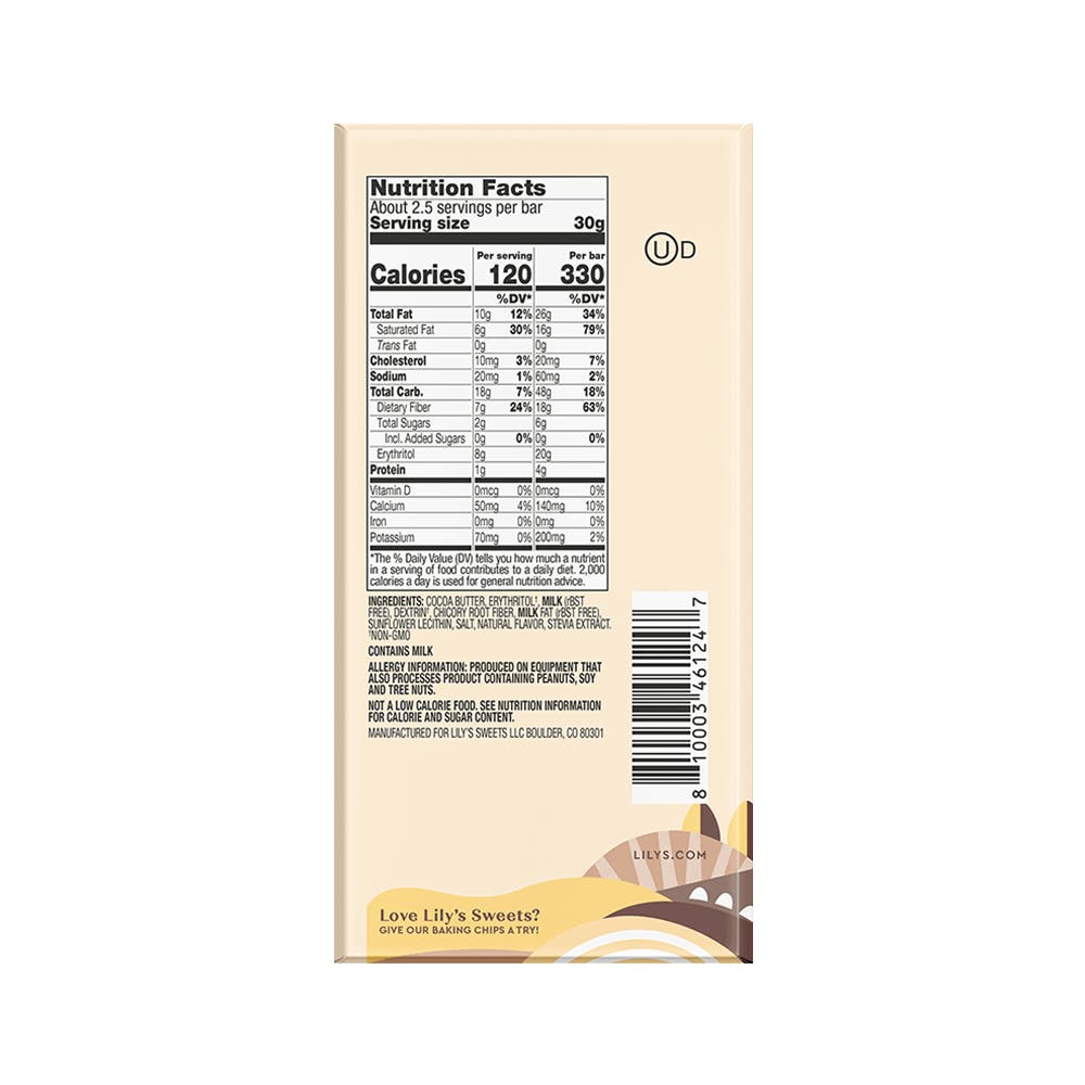 LILY'S Original White Chocolate Style Bar, 2.8 oz - Back of Package